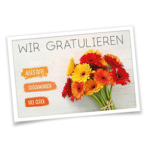 Gruß- und Glückwunschkarte mit bunten Blumen.