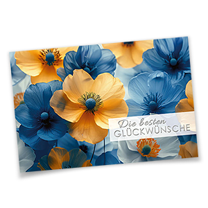 Glückwunschkarte mit zarten Blüten in Orange und Blau