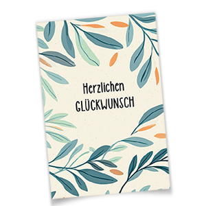 Glückwunschkarte mit Schriftzug „Herzlichen Glückwunsch“, umrahmt von feinen Zweigen und Blättern.