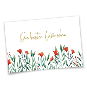 Glückwunschkarte mit goldgeprägtem Schriftzug und roten Aquarellblüten