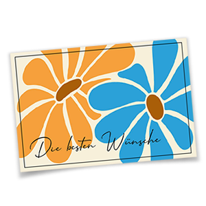 Farbenfrohe Glückwunschkarten mit großen Blüten in Orange und Blau und dem Aufdruck Die besten Wünsche auf Naturkarton