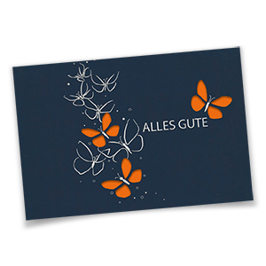 Dunkelblaue Glückwunschkarten mit Silberprägung, ausgestanzten Schmetterlingen und farbigem Einlegeblatt in Orange