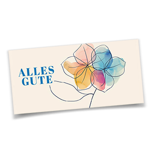Bunte Glückwunschkarten im DIN lang Format mit Aquarellblume und blauem Schriftzug Alles Gute auf strukturiertem Karton