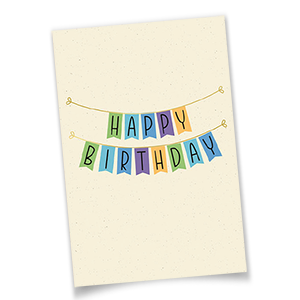 Geburtstagsgrußkarten mit bunter Wimpelgirlande und goldgeprägtem Schriftzug Happy Birthday auf Naturkarton
